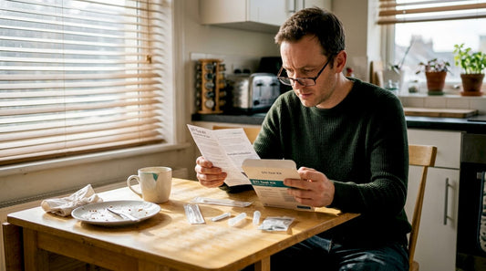 Man opens STI test kit at kitchen table
