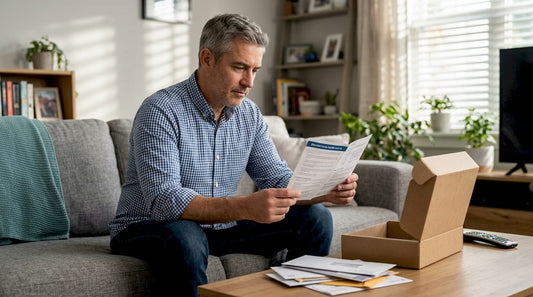 Middle-aged man reading home test kit details