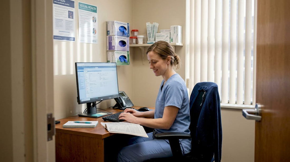 Nurse preparing for STI test consult in clinic