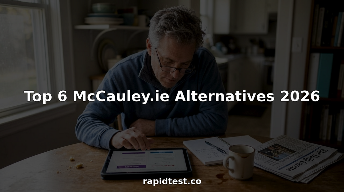 Man comparing online pharmacy sites at kitchen table