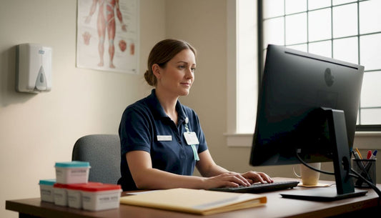 Nurse entering notes in clinic exam room