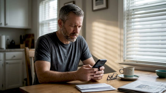 Man checking health test results at kitchen table