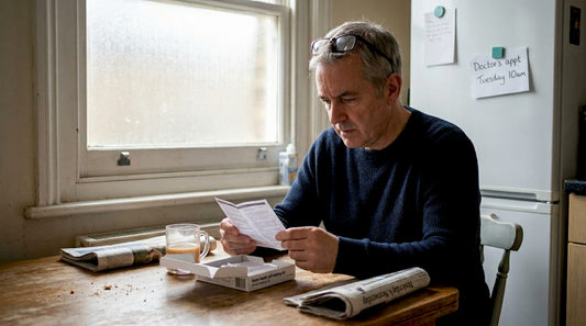 Man reads self-testing kit instructions at table