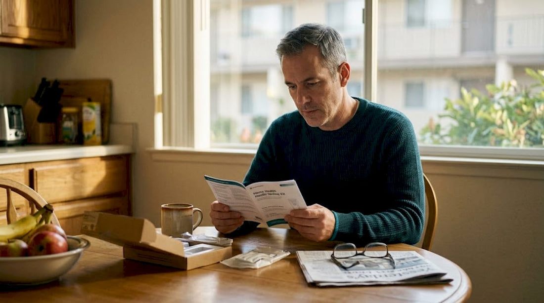 Middle-aged man reading home STI test instructions