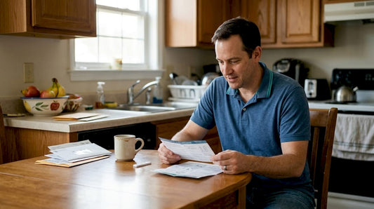 Man reading home health test kit in kitchen