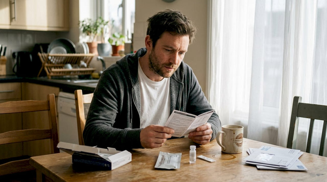 Man reading rapid testing kit instructions at kitchen table