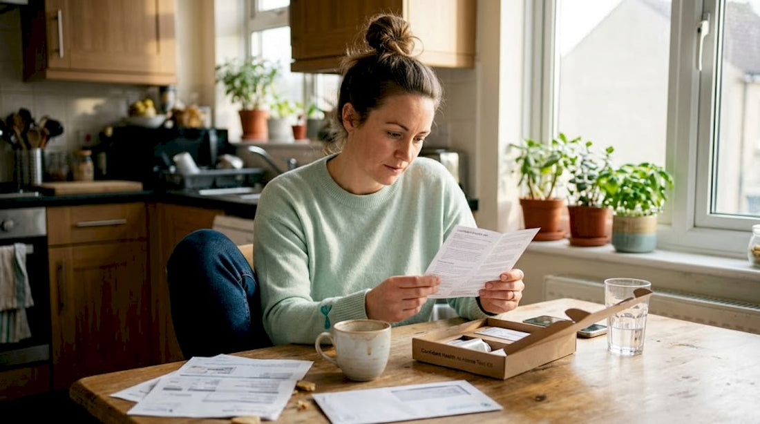 Woman at kitchen table using STI test kit