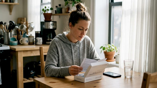 Woman reading STI test kit instructions at table