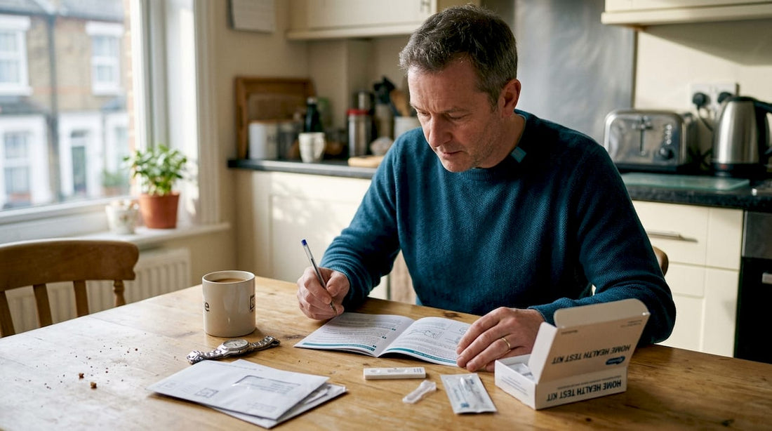 Man reading health kit instructions at kitchen table
