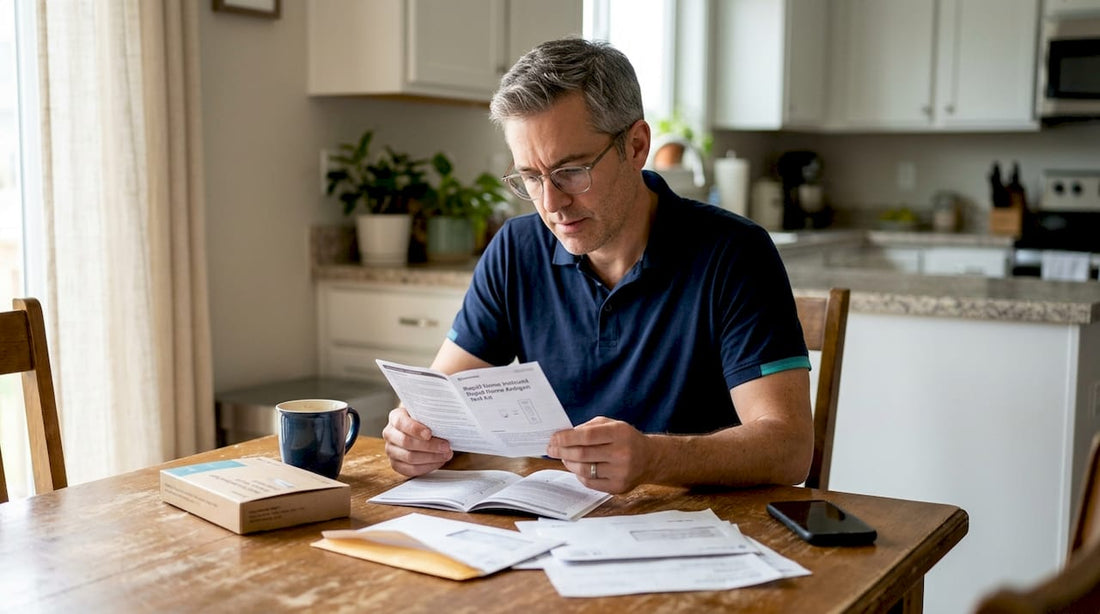 Man reading rapid test kit instructions at kitchen table