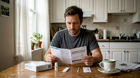 Man reading HIV test instructions at kitchen table