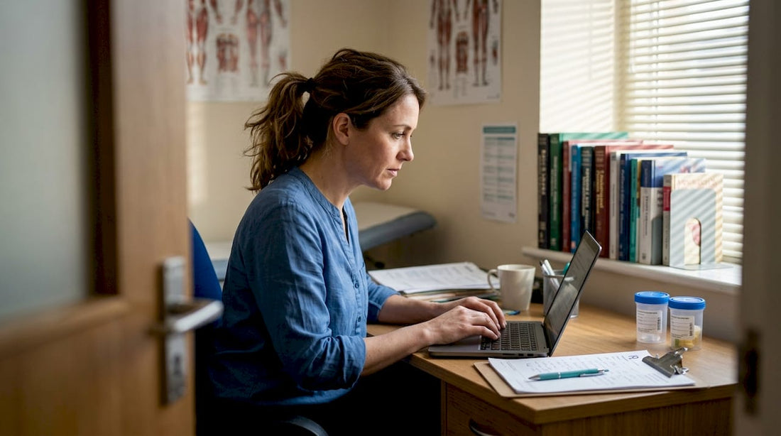 Doctor reviewing gonorrhea test requisitions in clinic