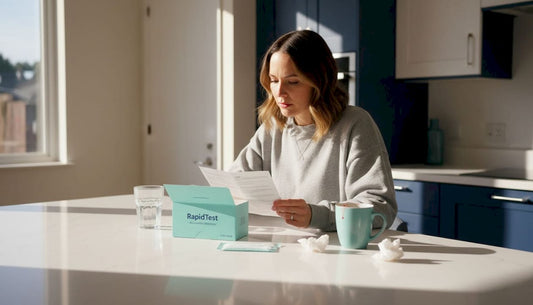 Woman reading rapid test instructions in kitchen