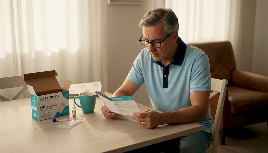 Man reading at-home STD test instructions
