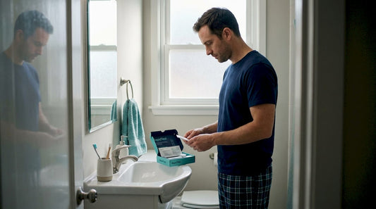 Man checking STI self-test kit in home bathroom