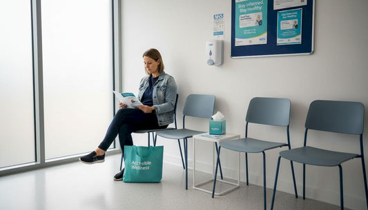 Woman reading leaflet in clinic waiting room
