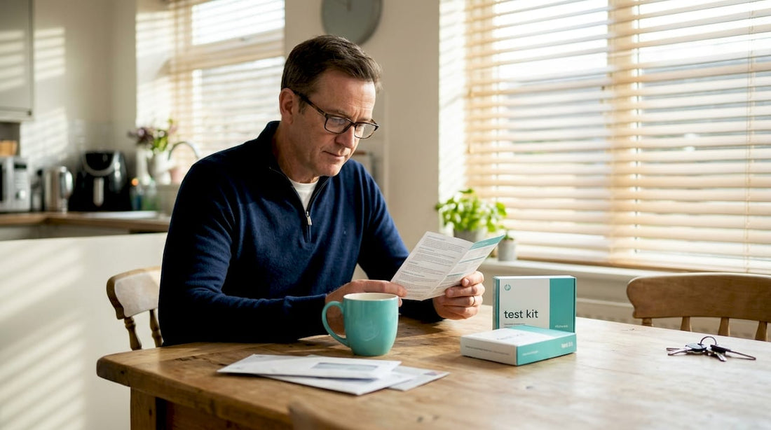 Man reading home test kit instructions at kitchen table