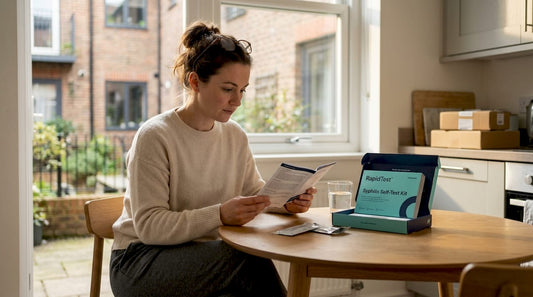 Woman reading instructions for home syphilis test