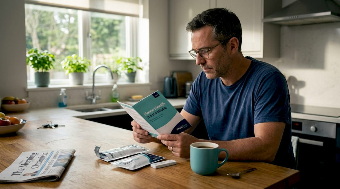 Man reading home test instructions at kitchen island
