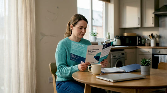 Woman reading sexual health brochure at kitchen table