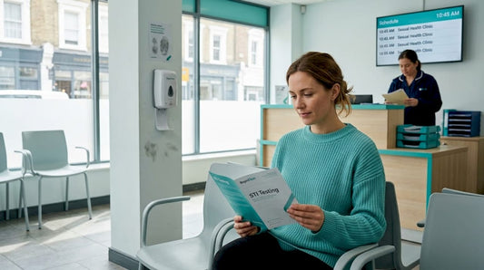 Woman reading STI testing leaflet in clinic