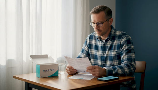 Man reading home health test instructions kitchen