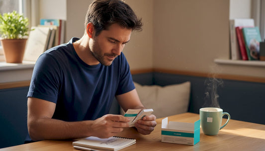 Man reading at-home test instructions at kitchen island