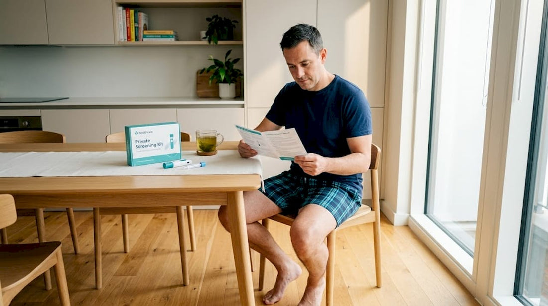 Man reading instructions for home screening kit
