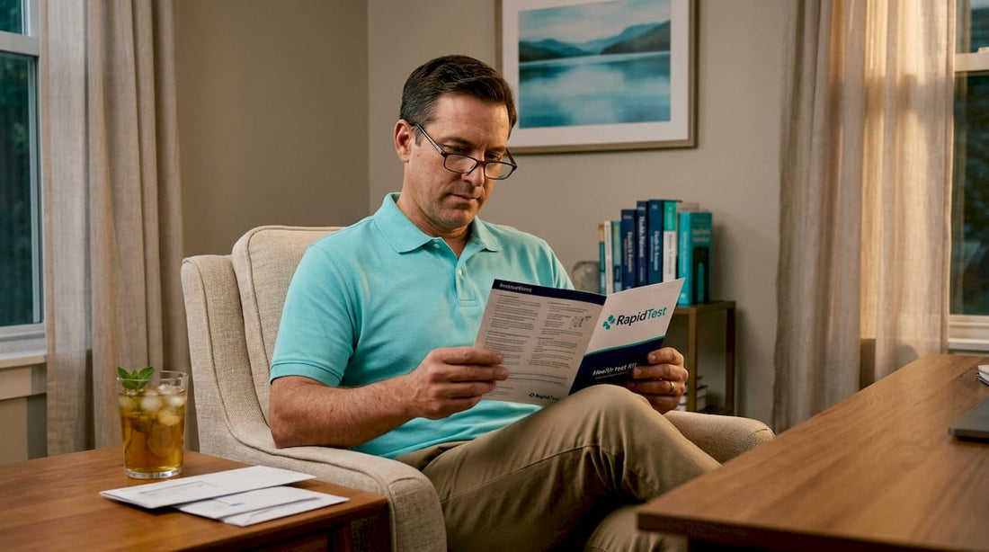 Man reading health screening kit instructions