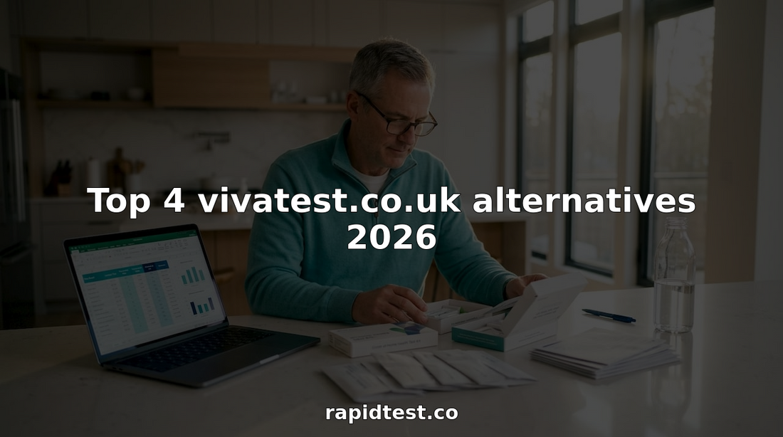 Man comparing home health test kits at kitchen table