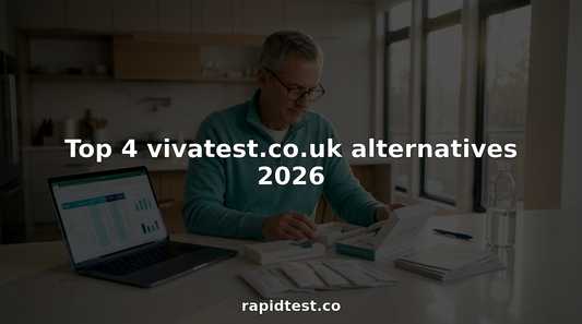 Man comparing home health test kits at kitchen table