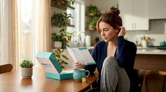 Woman reading STI test kit instructions on sofa