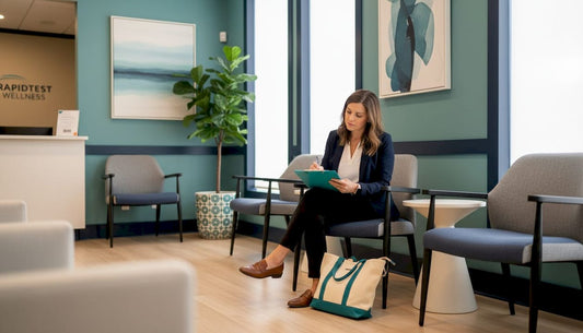 Adult filling health forms in clinic waiting area