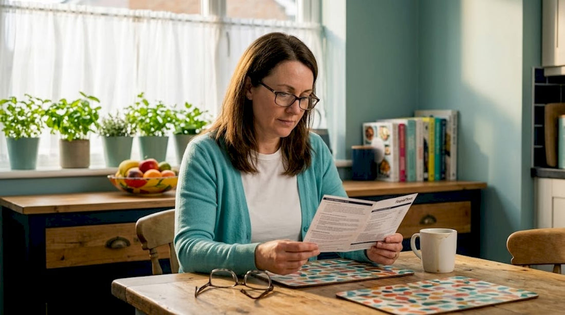 Woman reading home test instructions at kitchen table
