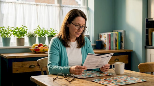 Woman reading home test instructions at kitchen table