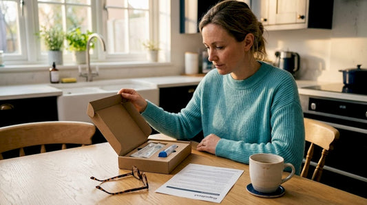 Woman opening wellness screening kit at kitchen table