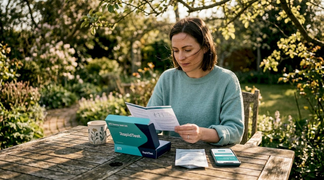 Woman reviewing a home STI test kit at kitchen table