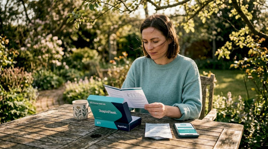 Woman reviewing a home STI test kit at kitchen table