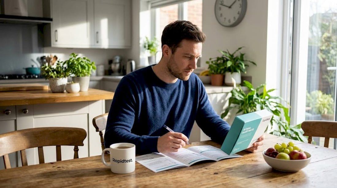 Man reviewing at-home health test instructions at kitchen table