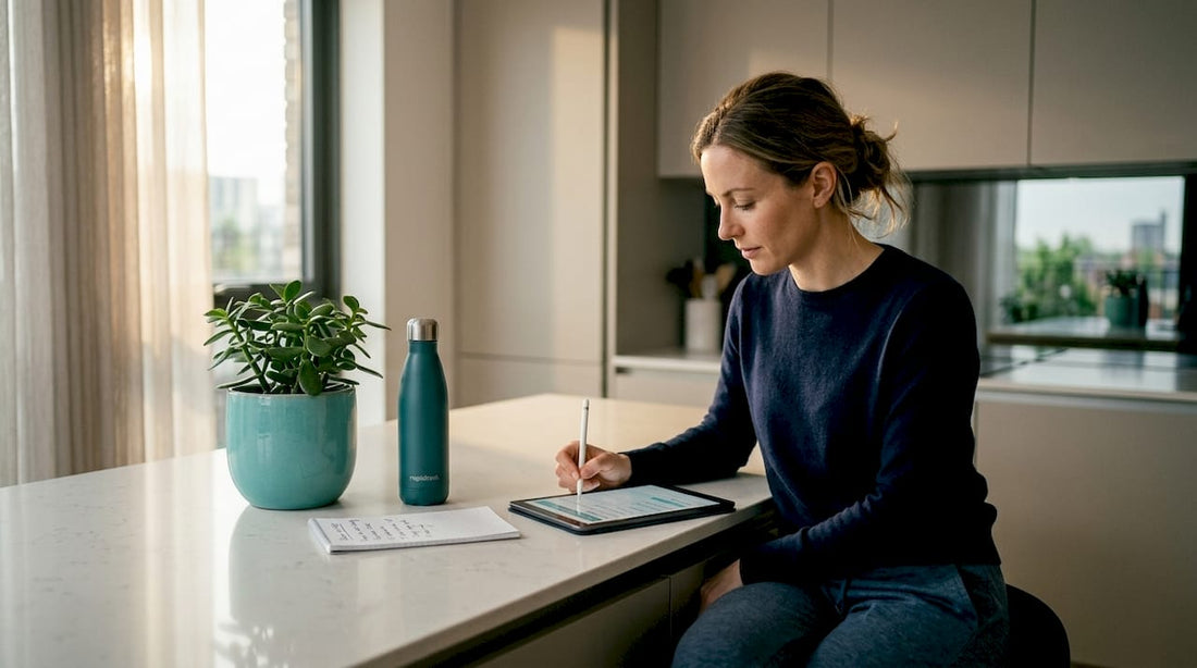 Woman completing health checklist at kitchen table