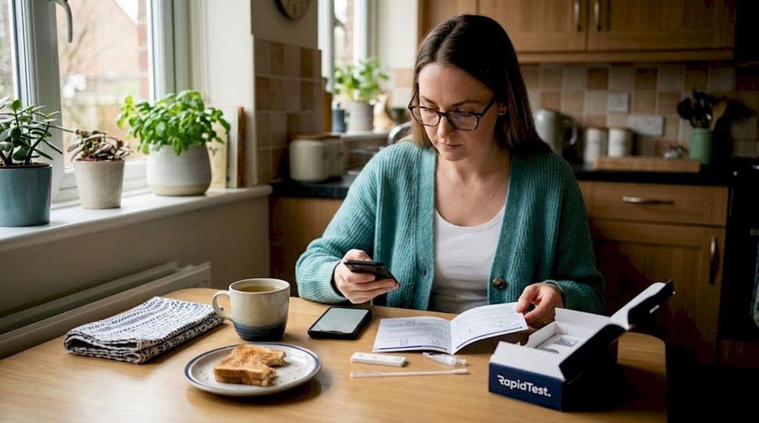 Woman performing rapid test at home kitchen table
