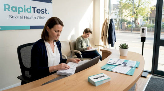 Clinic receptionist and patient at check-in desk
