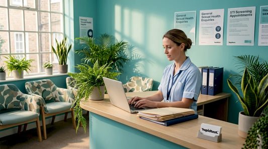 Nurse at sexual health clinic reception desk