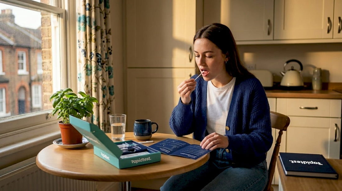 Person using HIV home test kit at kitchen table