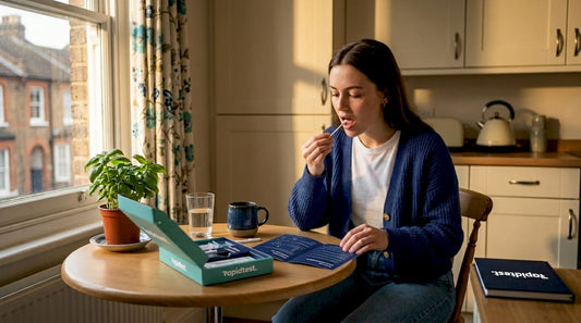 Person using HIV home test kit at kitchen table
