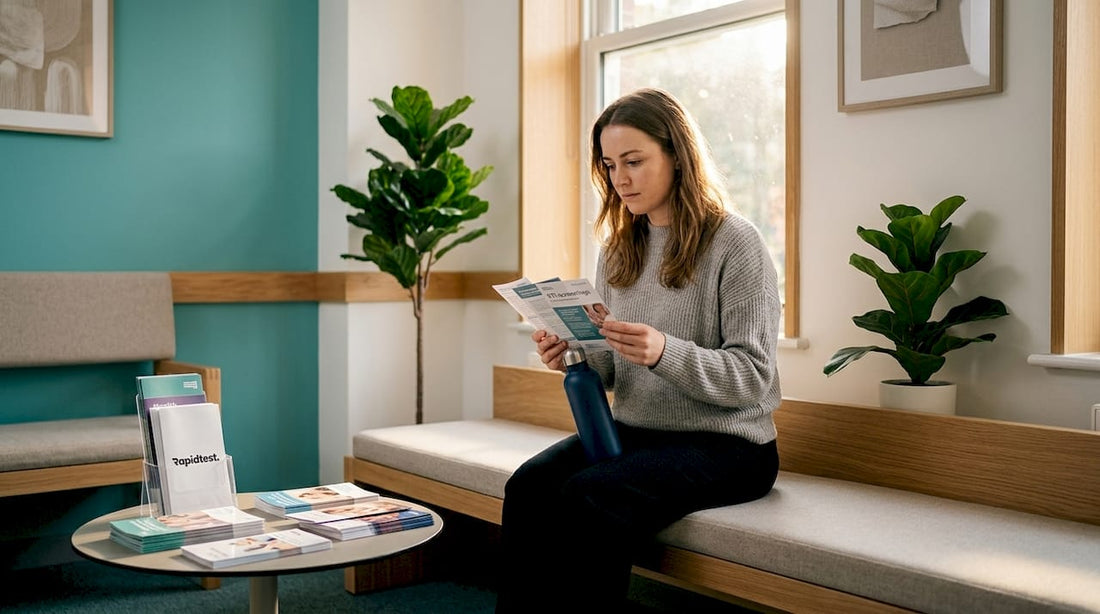 Woman reading STI screening pamphlets in clinic