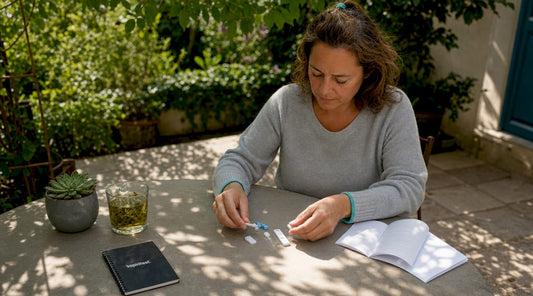 Woman using home health test kit at kitchen table