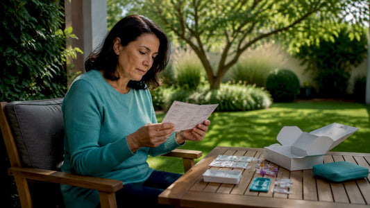 Woman preparing home blood sample kit at kitchen table