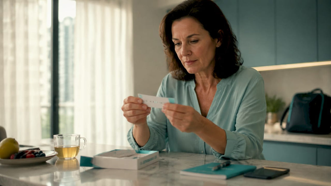 Woman reviewing health test kit result at home desk