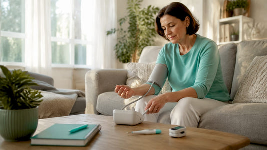 Woman checking blood pressure at home